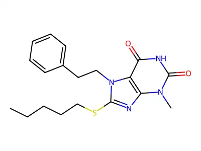 3-methyl-8-(pentylsulfanyl)-7-(2-phenylethyl)-3,7-dihydro-1H-purine-2,6-dione structure