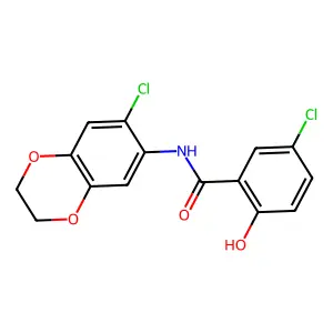 5-chloro-N-(6-chloro-2,3-dihydro-1,4-benzodioxin-7-yl)-2-hydroxybenzamide structure