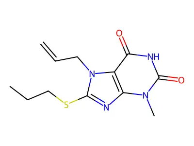 7-allyl-3-methyl-8-(propylsulfanyl)-3,7-dihydro-1H-purine-2,6-dione structure