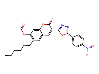 6-hexyl-3-[5-(4-nitrophenyl)-1,3,4-oxadiazol-2-yl]-2-oxo-2H-chromen-7-yl acetate structure
