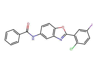 N-[2-(2-chloro-5-iodophenyl)-1,3-benzoxazol-5-yl]benzamide structure