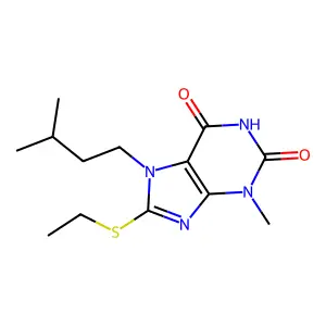 8-(ethylthio)-7-isopentyl-3-methyl-1H-purine-2,6(3H,7H)-dione structure