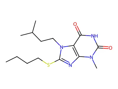 8-(butylthio)-7-isopentyl-3-methyl-1H-purine-2,6(3H,7H)-dione structure