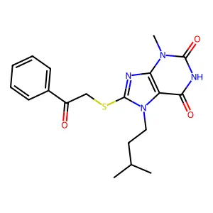 7-isopentyl-3-methyl-8-((2-oxo-2-phenylethyl)thio)-1H-purine-2,6(3H,7H)-dione structure