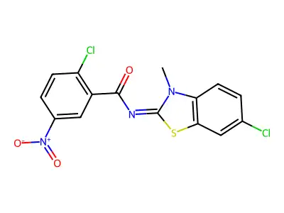 2-chloro-N-(6-chloro-3-methyl-1,3-benzothiazol-2-ylidene)-5-nitrobenzamide structure
