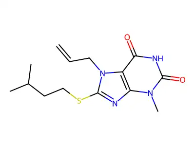 3-Methyl-8-(3-methylbutylsulfanyl)-7-prop-2-enylpurine-2,6-dione structure