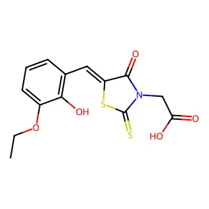 2-[(5E)-5-[(3-ethoxy-2-hydroxyphenyl)methylidene]-4-oxo-2-sulfanylidene-1,3-thiazolidin-3-yl]acetic acid structure