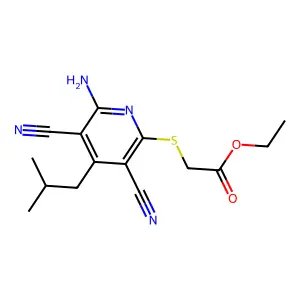 Ethyl 2-((6-amino-3,5-dicyano-4-isobutylpyridin-2-yl)thio)acetate structure