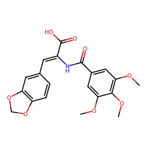 (E)-3-(benzo[d][1,3]dioxol-5-yl)-2-(3,4,5-trimethoxybenzamido)acrylic acid structure