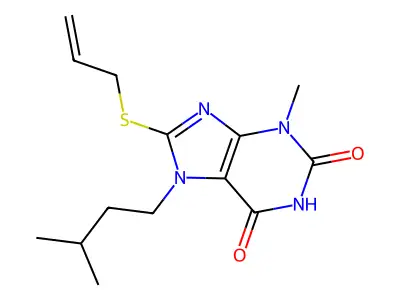 3-Methyl-7-(3-methylbutyl)-8-prop-2-enylsulfanylpurine-2,6-dione structure