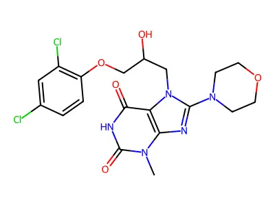 7-(3-(2,4-dichlorophenoxy)-2-hydroxypropyl)-3-methyl-8-morpholino-1H-purine-2,6(3H,7H)-dione structure
