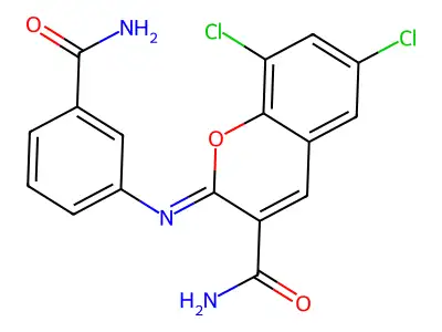 2-(3-Carbamoylphenyl)imino-6,8-dichlorochromene-3-carboxamide structure