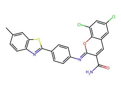 (2Z)-6,8-dichloro-2-{[4-(6-methyl-1,3-benzothiazol-2-yl)phenyl]imino}-2H-chromene-3-carboxamide structure