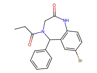 7-bromo-5-phenyl-4-propionyl-1,3,4,5-tetrahydro-2H-1,4-benzodiazepin-2-one structure