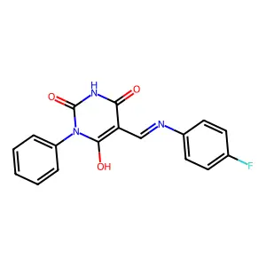 (5Z)-5-[(4-fluoroanilino)methylidene]-1-phenyl-1,3-diazinane-2,4,6-trione structure
