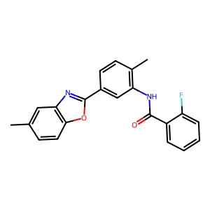2-fluoro-N-[2-methyl-5-(5-methyl-1,3-benzoxazol-2-yl)phenyl]benzamide structure