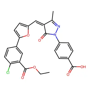 4-[(4E)-4-({5-[4-chloro-3-(ethoxycarbonyl)phenyl]furan-2-yl}methylidene)-3-methyl-5-oxo-4,5-dihydro-1H-pyrazol-1-yl]benzoic acid structure