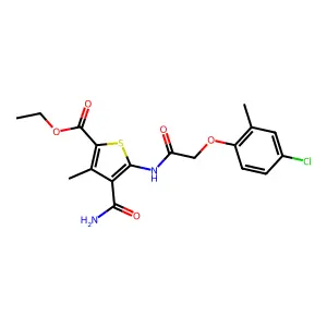 ethyl 4-carbamoyl-5-[[2-(4-chloro-2-methylphenoxy)acetyl]amino]-3-methylthiophene-2-carboxylate structure