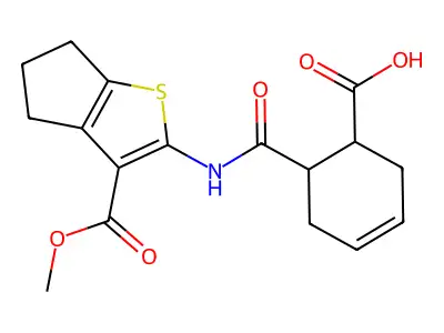 6-({[3-(methoxycarbonyl)-5,6-dihydro-4H-cyclopenta[b]thien-2-yl]amino}carbonyl)-3-cyclohexene-1-carboxylic acid structure