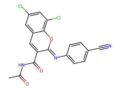 (2Z)-N-acetyl-6,8-dichloro-2-[(4-cyanophenyl)imino]-2H-chromene-3-carboxamide structure