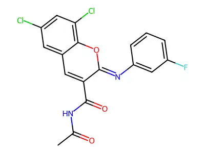 (2Z)-N-acetyl-6,8-dichloro-2-[(3-fluorophenyl)imino]-2H-chromene-3-carboxamide structure