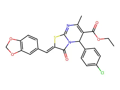 ethyl (2E)-2-(1,3-benzodioxol-5-ylmethylidene)-5-(4-chlorophenyl)-7-methyl-3-oxo-5H-[1,3]thiazolo[3,2-a]pyrimidine-6-carboxylate structure