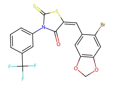 (5E)-5-[(6-BROMO-2H-1,3-BENZODIOXOL-5-YL)METHYLIDENE]-2-SULFANYLIDENE-3-[3-(TRIFLUOROMETHYL)PHENYL]-1,3-THIAZOLIDIN-4-ONE structure