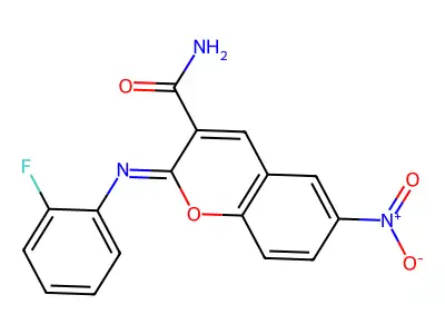 (2Z)-2-[(2-fluorophenyl)imino]-6-nitro-2H-chromene-3-carboxamide structure