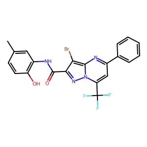 3-bromo-N-(2-hydroxy-5-methylphenyl)-5-phenyl-7-(trifluoromethyl)pyrazolo[1,5-a]pyrimidine-2-carboxamide structure