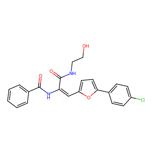 (E)-N-(1-(5-(4-chlorophenyl)furan-2-yl)-3-((2-hydroxyethyl)amino)-3-oxoprop-1-en-2-yl)benzamide structure