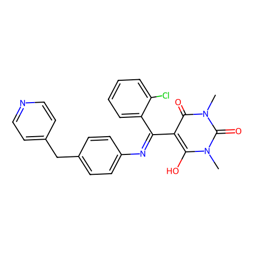 5-((2-chlorophenyl)((4-(pyridin-4-ylmethyl)phenyl)amino)methylene)-1,3-dimethylpyrimidine-2,4,6(1H,3H,5H)-trione structure