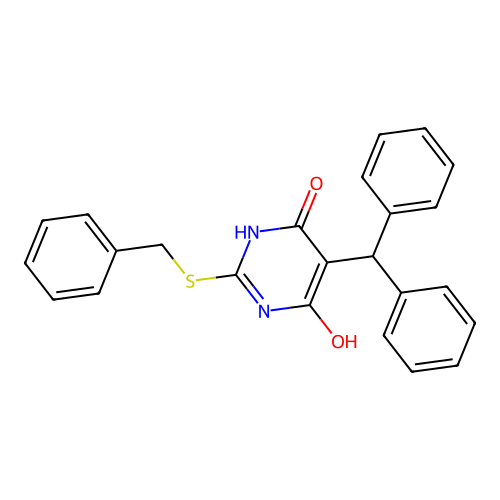 2-(benzylsulfanyl)-5-(diphenylmethyl)-6-hydroxypyrimidin-4(3H)-one structure