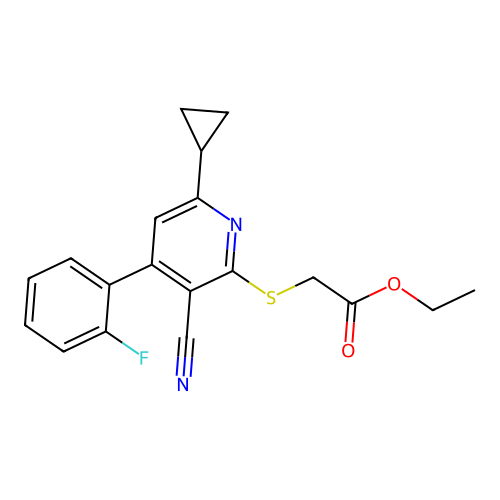 Ethyl {[3-cyano-6-cyclopropyl-4-(2-fluorophenyl)pyridin-2-yl]sulfanyl}acetate structure