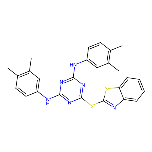 6-(benzo[d]thiazol-2-ylthio)-N2,N4-bis(3,4-dimethylphenyl)-1,3,5-triazine-2,4-diamine structure
