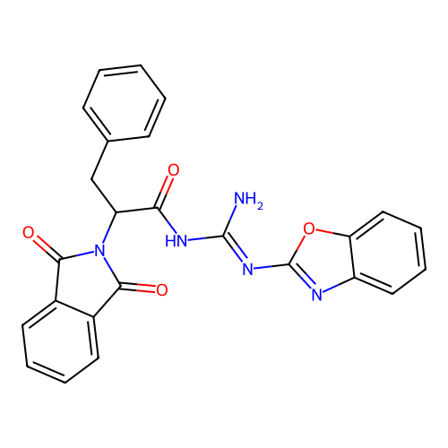 N-[(1E)-amino(1,3-benzoxazol-2-ylamino)methylene]-2-(1,3-dioxo-1,3-dihydro-2H-isoindol-2-yl)-3-phenylpropanamide structure