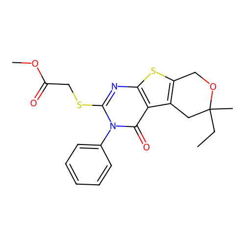 methyl [(6-ethyl-6-methyl-4-oxo-3-phenyl-3,5,6,8-tetrahydro-4H-pyrano[4',3':4,5]thieno[2,3-d]pyrimidin-2-yl)sulfanyl]acetate structure
