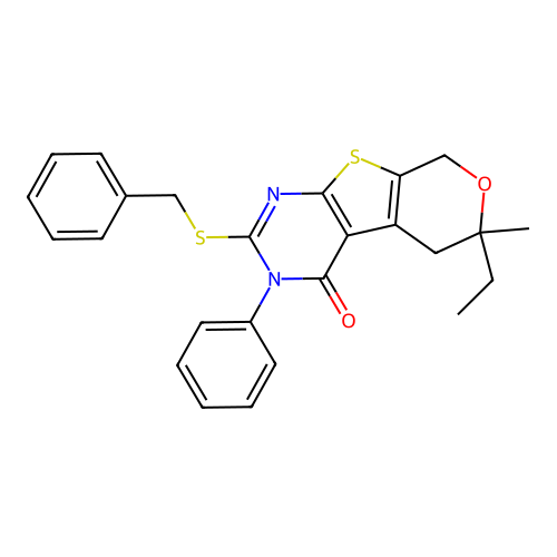 2-(benzylsulfanyl)-6-ethyl-6-methyl-3-phenyl-3,5,6,8-tetrahydro-4H-pyrano[4',3':4,5]thieno[2,3-d]pyrimidin-4-one structure