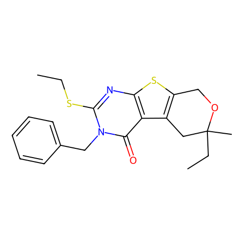 3-benzyl-6-ethyl-2-(ethylsulfanyl)-6-methyl-3,5,6,8-tetrahydro-4H-pyrano[4',3':4,5]thieno[2,3-d]pyrimidin-4-one structure