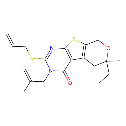 2-(allylthio)-6-ethyl-6-methyl-3-(2-methylallyl)-5,6-dihydro-3H-pyrano[4',3':4,5]thieno[2,3-d]pyrimidin-4(8H)-one structure