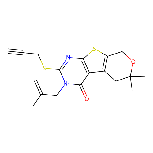 6,6-dimethyl-3-(2-methylallyl)-2-(prop-2-yn-1-ylthio)-5,6-dihydro-3H-pyrano[4',3':4,5]thieno[2,3-d]pyrimidin-4(8H)-one structure