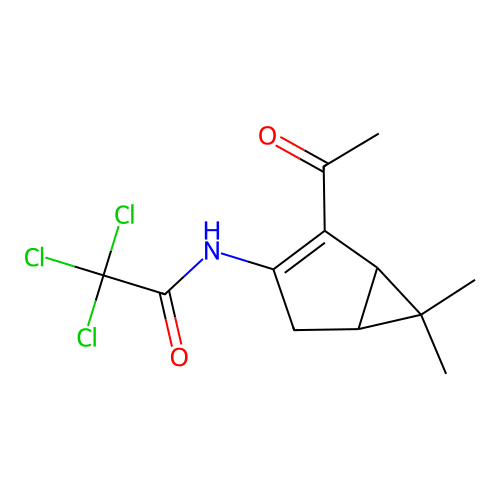 N-(2-acetyl-6,6-dimethylbicyclo[3.1.0]hex-2-en-3-yl)-2,2,2-trichloroacetamide structure