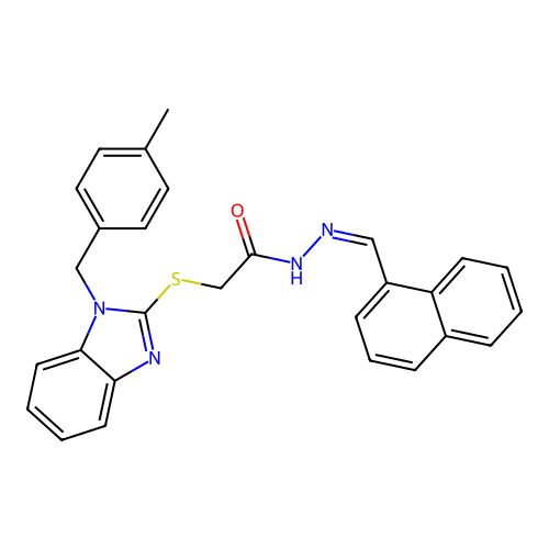 (Z)-2-((1-(4-methylbenzyl)-1H-benzo[d]imidazol-2-yl)thio)-N'-(naphthalen-1-ylmethylene)acetohydrazide structure