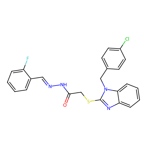 2-((1-(4-CL-Benzyl)-1H-benzimidazol-2-YL)thio)N'-(2-F-benzylidene)acetohydrazide structure