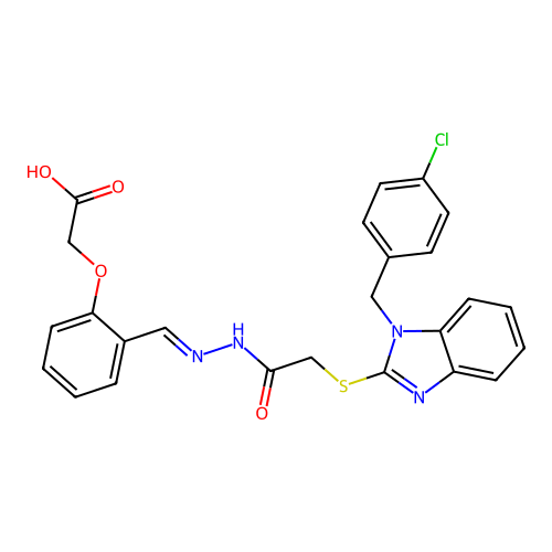 (2-{(E)-[({[1-(4-chlorobenzyl)-1H-benzimidazol-2-yl]thio}acetyl)hydrazono]methyl}phenoxy)acetic acid structure