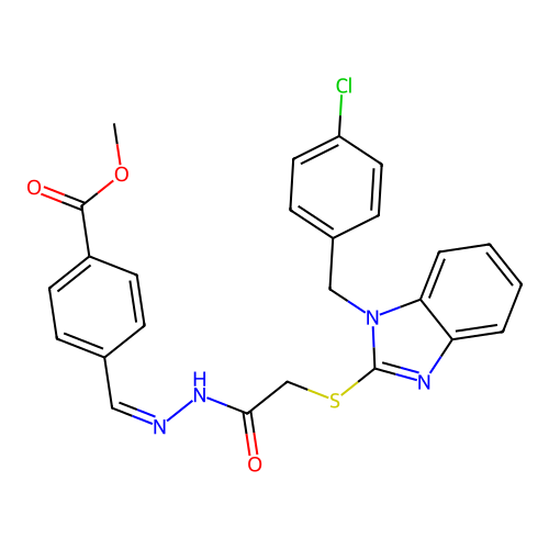 methyl 4-{(E)-[2-({[1-(4-chlorobenzyl)-1H-benzimidazol-2-yl]sulfanyl}acetyl)hydrazinylidene]methyl}benzoate structure