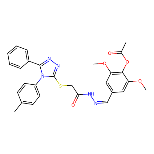 (Z)-2,6-dimethoxy-4-((2-(2-((5-phenyl-4-(p-tolyl)-4H-1,2,4-triazol-3-yl)thio)acetyl)hydrazono)methyl)phenyl acetate structure
