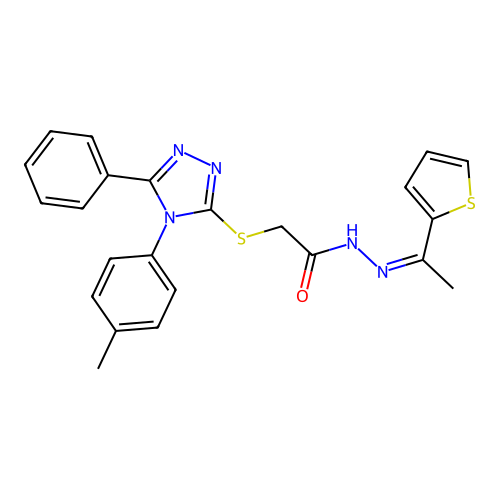 (Z)-2-((5-phenyl-4-(p-tolyl)-4H-1,2,4-triazol-3-yl)thio)-N'-(1-(thiophen-2-yl)ethylidene)acetohydrazide structure