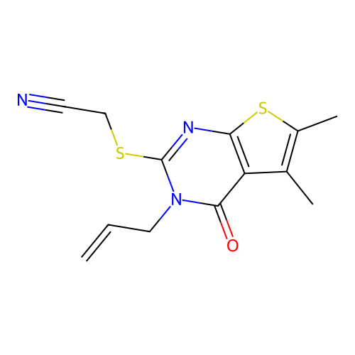 2-((3-allyl-5,6-dimethyl-4-oxo-3,4-dihydrothieno[2,3-d]pyrimidin-2-yl)thio)acetonitrile structure