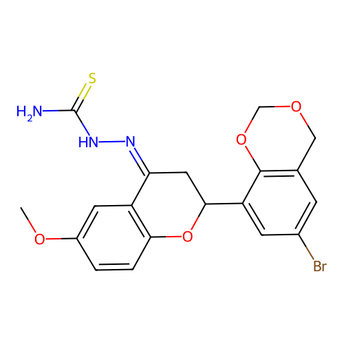 (2Z)-2-[2-(6-bromo-4H-1,3-benzodioxin-8-yl)-6-methoxy-2,3-dihydro-4H-chromen-4-ylidene]hydrazinecarbothioamide structure
