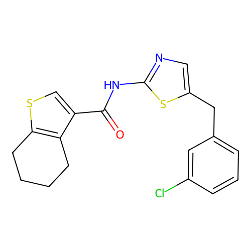 N-(5-(3-chlorobenzyl)thiazol-2-yl)-4,5,6,7-tetrahydrobenzo[b]thiophene-3-carboxamide structure